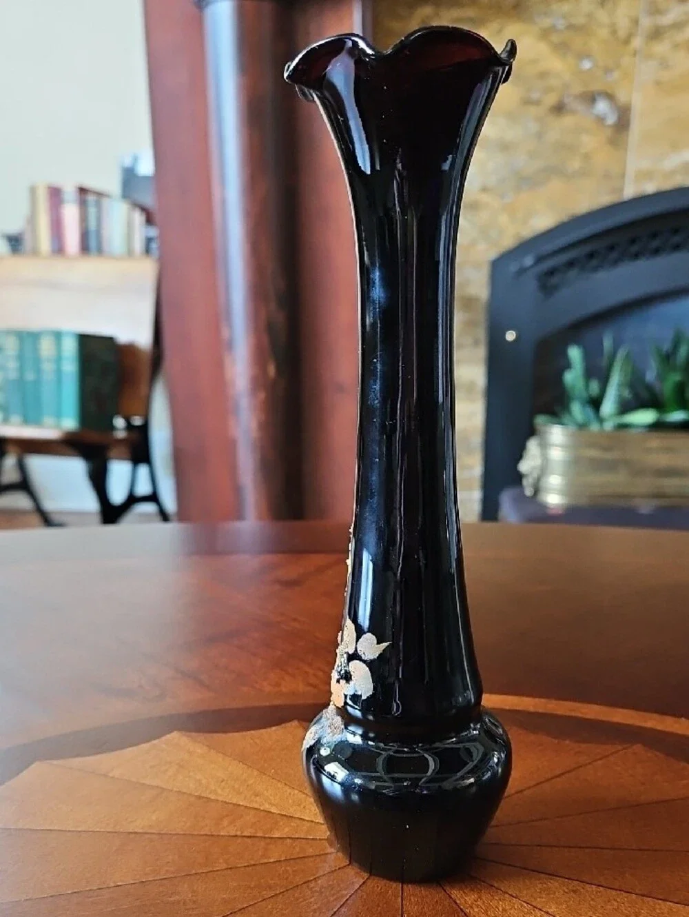 Art Deco Black Amethyst Hand Painted Enamel Floral Gold Ruffled Fluted Bud Vase